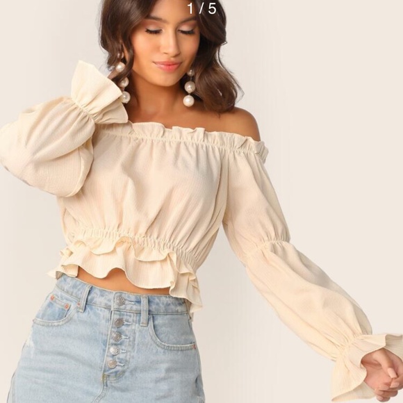 SHEIN Tops - Shein Striped Off the Shoulder Ruffle Trim Top- M